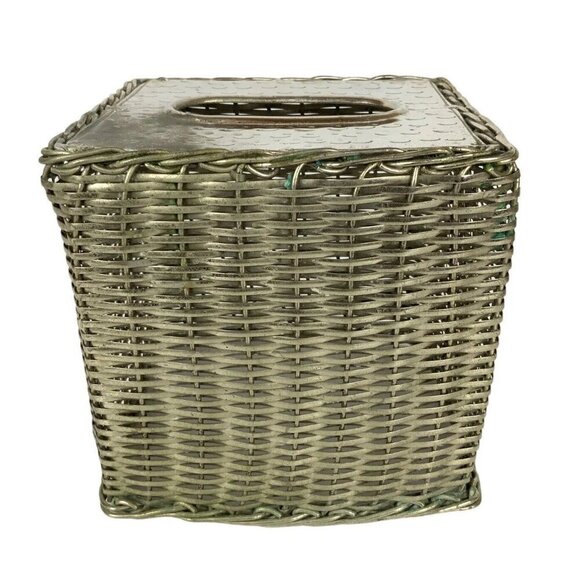 Square Silver Metal Basketweave Tissue Box Holder With Hammered Chrome Finish - Picture 3 of 7